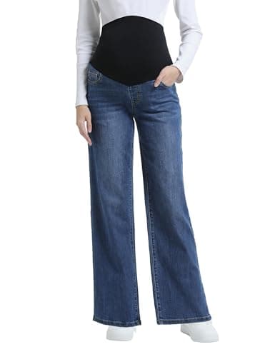 Image of Foucome Women's Maternity Jeans Wide Leg Stretch Loose Fit Denim Pants Over Belly Pregnancy Jeans, Dark Blue Large