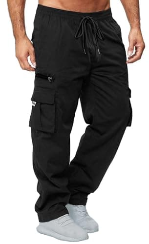 Image of CTU Mens Cargo Trousers Elasticated Waist Pants Work Straight Fit Jogger Outdoor Pants Utility Pockets Black 4XL