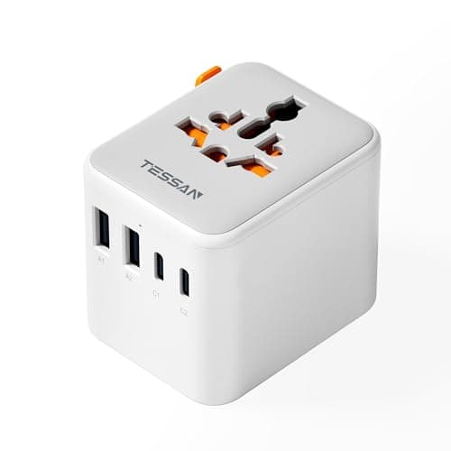 Image of TESSAN Universal Travel Adapter, Travel Plug Adapter Worldwide with 1 Universal AC Outlet 4 USB Ports (2 USB C), International Plug Adaptor for UK to Europe USA Australia (Type C G A I) Grey White