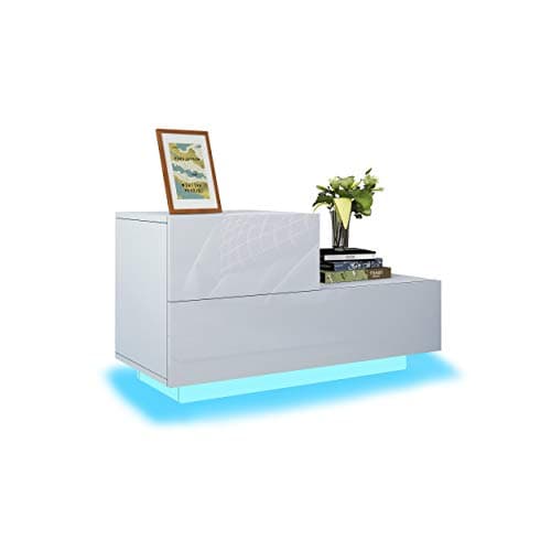 Image of Chebinsiti L Shaped Bedside Table LED Bedside Cabinet with 2 Drawers High Gloss Front Push to Open Bedside Drawers Side Tables Bedroom Night Stand End Table for Bedroom Living Room White