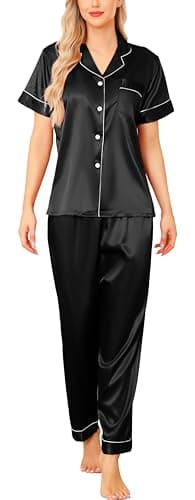 Image of Vlazom Womens Silk Pyjamas, Soft Satin Short Sleeve Top & Long Pant Pyjamas Set Button Down Pj Sets Loungewear for All Seasons, A-Black,L