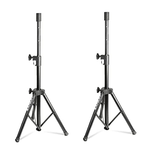 Image of Vonyx Pair of Tripod Speaker Stands - Foldable PA Speaker Stand Set with Adjustable Height 69-115cm, Safety Pin & 35mm Pole for DJ, Band, Event Sound Systems, Black (20kg Max Load Each)