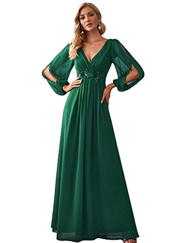 Image of Ever-Pretty Women's Elegant A-Line Deep V-Neck Appliques Pleated Long Sleeve Bridesmaid Dress Dark Green 12UK