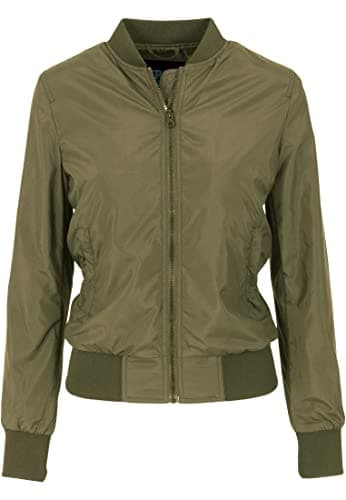 Image of URBAN CLASSICS Women's Light Bomber Jacket with Ribbed Cuffs, Lightweight Flight Jacket for Mid-Season Weather, Longsleeve Jacket with Zipper & Pockets, Colour: Olive, Size: Medium