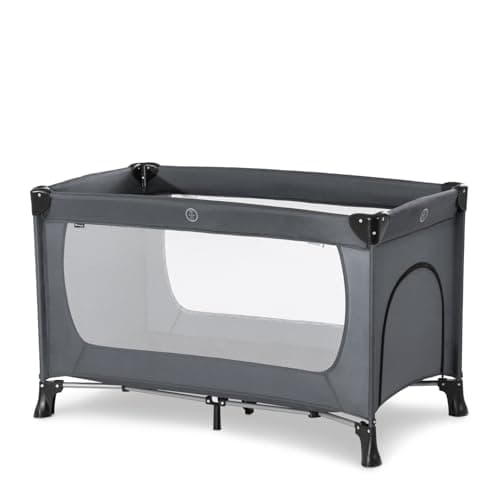 Image of hauck Dream N Play Plus, Grey - Travel Cot for Babies & Toddlers with Small Hatch, Travel Bag, Lightweight, Fast & Compact Folding, 120cm x 60cm, from Birth up to 15 kg