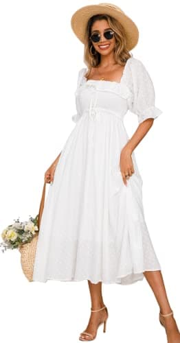 Image of R.Vivimos Women's Polka Dot Slim Half Sleeve Puff Flare Sleeve Square Neck Tie Long Midi Dress (XLarge,White#2)