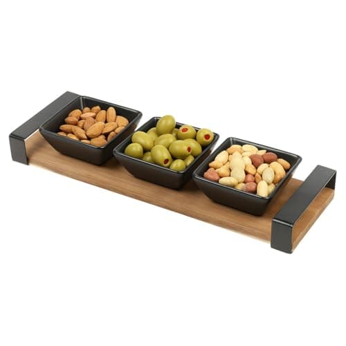 Image of URBNLIVING 4-Piece Serving Set - 3 Black Ceramic Square Bowls with Acacia Wood Board & Metal Handles - Stylish Tapas, Snacks, Dips & Appetiser Platter in Gift Box - Ideal for Relishes, Chutneys