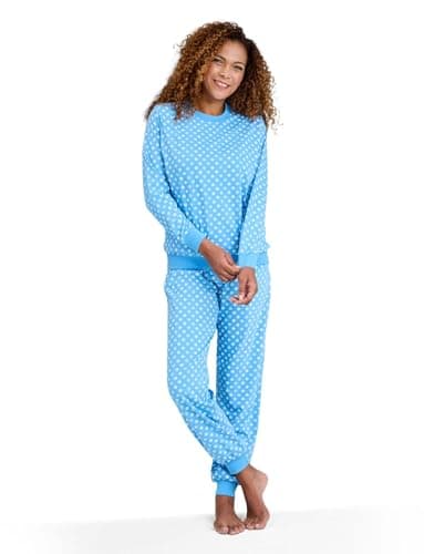 Image of Amber Ladies Cotton Jersey Ski Pyjama Set Floral Print Pyjamas with Ribbed Neckline, Hem & Cuffs Soft Cotton Sleepwear Blue 12-14