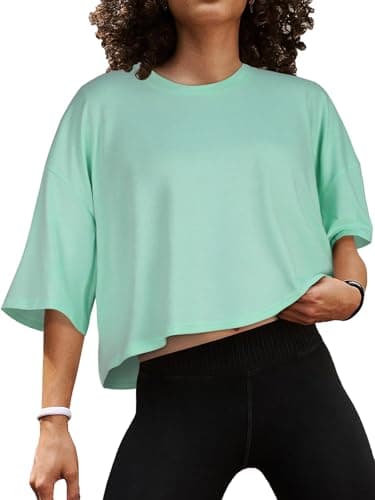 Image of Crop Tops for Women Summer Oversized Cropped T Shirt Half Sleeve Loose Fit Casual Tees(Mint Green,L)