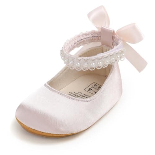 Image of Baby Mary Jane Shoes with Bow & Pearl, First Walking Shoe for Girls 6-12 Months