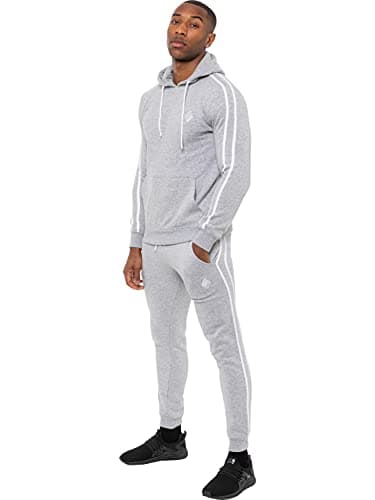 Image of Enzo Mens Full Tracksuit Set Striped Pullover Hoodie Casual Hoody Top Fleece Joggers Gym Jogging Bottoms (Grey, M, m)