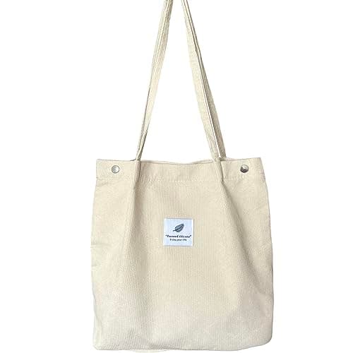 Image of KEYRI Corduroy Totes Bag Women Girls Shoulder Handbags Cord Bag Large Reusable Carry Bag Pocket Big Capacity Shopping Bag with Inner Shoulder Bag for School College Travel Work Beach Casual (White)