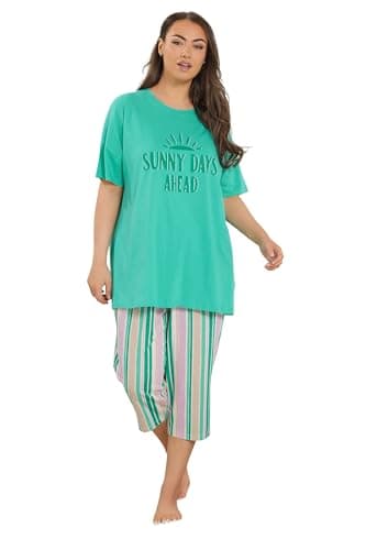 Image of Yours Curve Green 'Sunny Days' Stripe Cropped Pyjama Set - Women's - Plus Size Curve