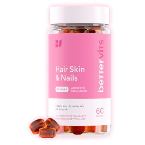 Image of Bettervits Hair, Skin and Nails Vitamins | Hair Growth Vitamins A, B6, C, D, E with Zinc & Selenium| Biotin Gummies for Women - Nails Strengthen and Glowing Skin | 60 Vitamin Gummies