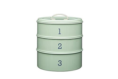 Image of KitchenCraft Living Nostalgia 3-Tier Airtight Metal Cake Storage Tin, 22 x 27 cm (8.5" x 1.5") - English Sage