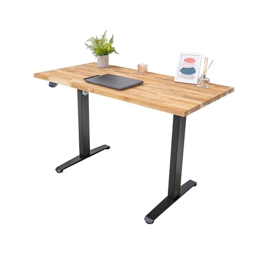 Image of D1 Electric Standing Office Desk With Solid Oak Wood Top | 1200mm x 800mm x 40mm Desktop | Sit Stand Adjustable With Control Panel, Heavy Duty Metal Frame
