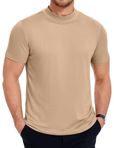 Image of COOFANDY Turtle Neck T Shirts for Men High Neck T Shirt Slim Fit Summer Tee Shirt Casual Undershirt Solid Color Basic Round Neck T-Shirts Khaki L