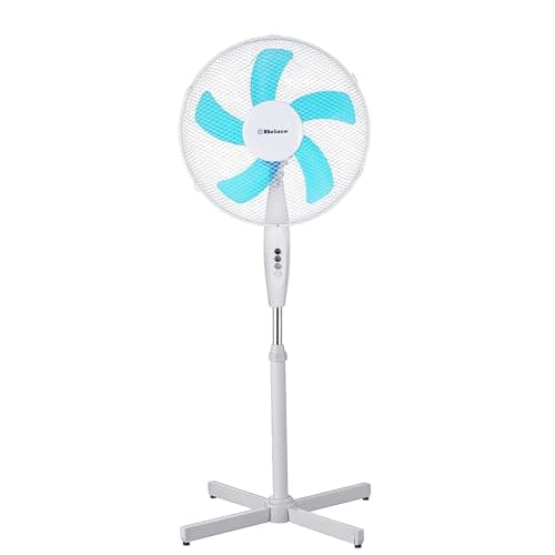 Image of Belaco 16 Inch Pedestal Fan with Oscillation, Adjustable Height, Quiet Powerful Cooling Airflow, 45W, White & Blue
