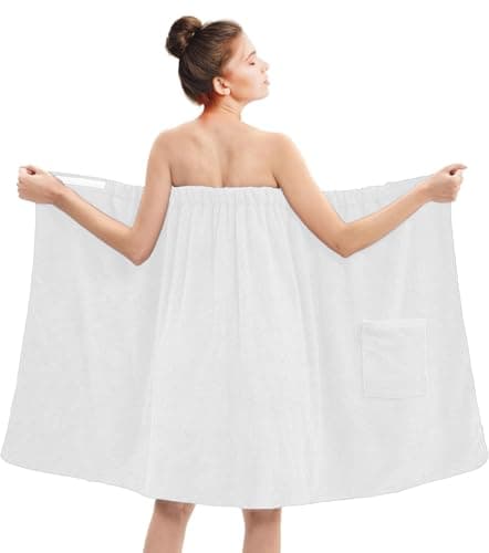 Image of DAN RIVER Premium Cotton Terry Shower Wrap for Women, Ultra Soft Bath Robe After Shower with Pockets, White, One Size Shower Wrap