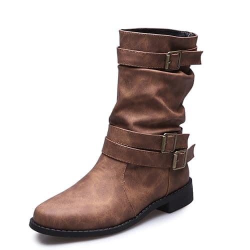 Image of Generisch Womens Winter Fashion Leather Buckle Mid Boots Comfortable Slip On Boots, brown, 6 UK