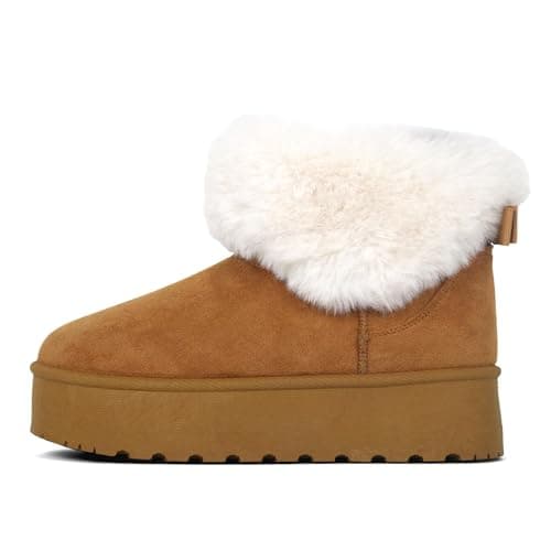 Image of Women Platform Snow Boots – Faux Fur Lined Suede Ankle Boots, Warm Winter Ladies Booties, Fashion Outdoor & Indoor Slip-On Shoes (CAMEL, Adult, Women, 4, Numeric, UK Footwear Size System, Medium)