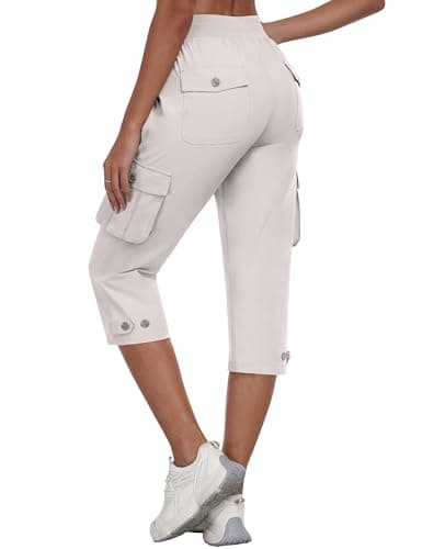 Image of MoFiz Women's Cargo Capris Pants Cropped Hiking Trousers with Pockets for Summer Outdoor White M
