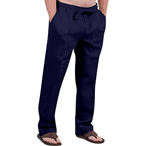 Image of Lxitoler Cargo Trousers Men Cotton Trousers Mens Linen Trousers Summer Pants Mens Elasticated Waist Trousers Linen Trousers Men Drawstring Trousers Straight Legs Trousers Cotton Jogging Bottoms