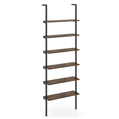 Image of COSTWAY 6-Tier Ladder Shelf, Industrial Wall Bookcase Shelving Unit Display Rack, Metal Frame Wooden Wall Mounted Bookshelf Tall Storage Shelves for Living Room Bedroom Office, 183cm (Rustic Brown)