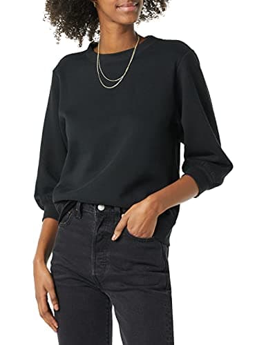 Image of Amazon Essentials Women's French Terry Fleece Sleeve Detail Crewneck Sweatshirt, Black, Medium
