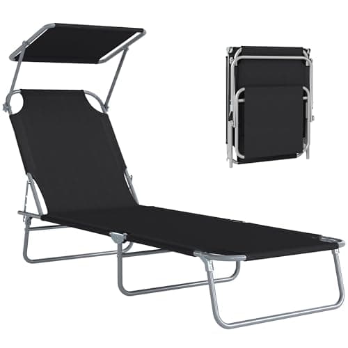Image of Outsunny Outdoor Foldable Sun Lounger, 4 Level Adjustable Backrest Reclining Sun Lounger Chair with Angle Adjust Sun Shade Awning for Beach, Garden, Patio, Black