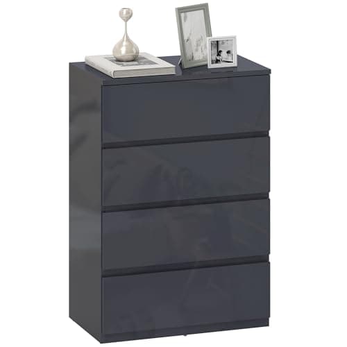 Image of Fecpoo 4-Drawer High Gloss Chest of Drawers, Melamine-Coated Particle Board, Grey, 80 x 55 x 34 cm, Minimalist Bedroom Dresser
