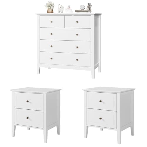Image of FOREHILL 3 Piece Bedroom Furniture Sets, Chest of 5 Drawers + Set of 2 Bedside Tables, Chest of Drawers and Bedside Table Set for Bedroom Storage White
