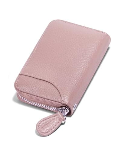Image of Womens Credit Card Holder Small Rfid Blocking Ladies Wallet with Stainless Steel Zipper Excellent Genuine Leather Accordion Wallets Case for Women ID Compact Slim Blocked Zip Accordian Cards Pink