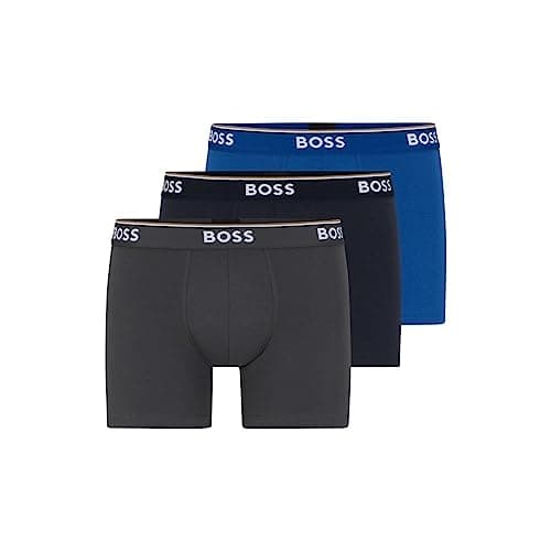 Image of BOSS Men's Power 3-Pack Bold Logo Boxer Briefs, True Blue/Sky Captain/Forged Iron, L (Pack of 3)
