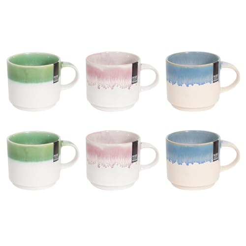 Image of Set of 6 Reactive Glaze Stoneware Coffee Mugs Tea Cups Home Pink Green Blue Heavy Dishwasher Safe Kitchen Stackable Mug Set