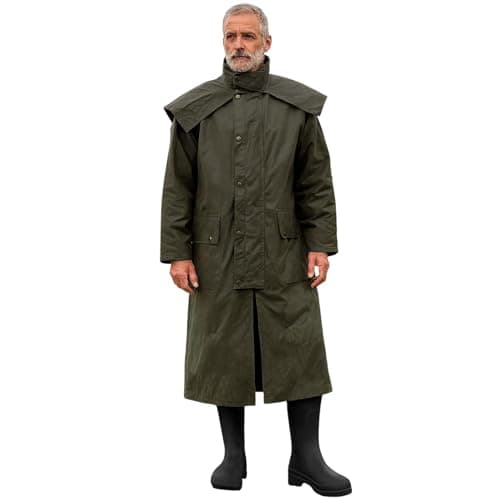 Image of Game Technical Apparel Mens Stockman Long Length Wax Riding Cape Coat with Tartan Lining (XL, Olive)