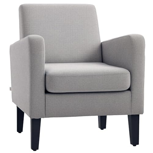 Image of HOMCOM Armchair, Modern Upholstered Linen Living Room Chair, Accent Chair with Spring Pack, Wood Legs for Bedroom, Home Office, Light Grey