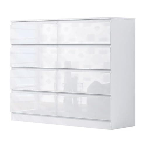 Image of FWStyle White Gloss Large 8 Drawer Chest of Drawers. White Bedroom Furniture. Under drawer support bars. Scratch resistant.