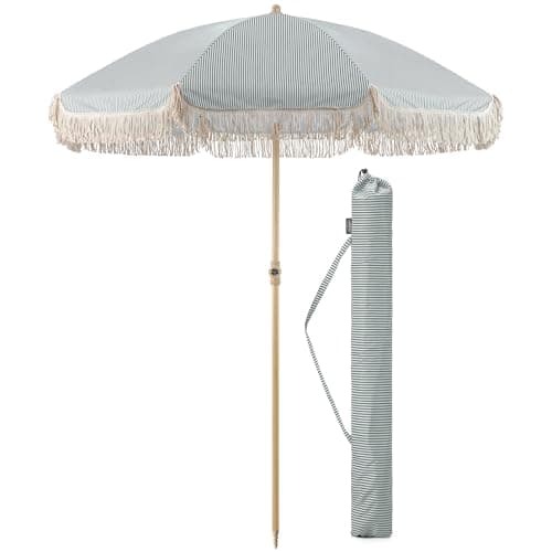 Image of CHRISTOW Portable Garden Parasol with Tilt, 2m Cotton Tassel Beach Umbrella, Outdoor Patio Sunshade, Tilting Canopy, Wood Effect Steel Pole, UV50+ Sun Protection, Water Resistant, Bag (Sage Stripes)