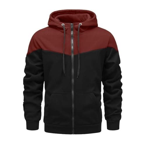 Image of Mens Fleece Hoodies Zip up Hooded Sweatshirt Patchwork Casual Hoody Contrast Color Top Long Sleeve Warm Jacket Red XXL