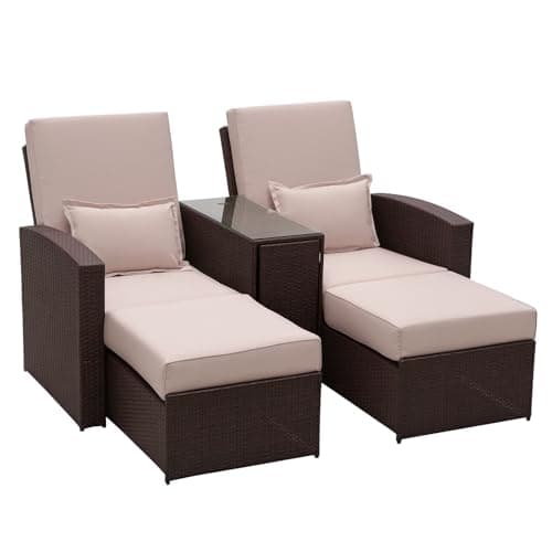 Image of Outsunny Double Rattan Sun Lounger, Already Assembled Reclining Garden Lounger with Retractable Footrest, Glass Top Storage Table with Umbrella Hole, Garden Sunbed with Cushions and Pillows, Brown