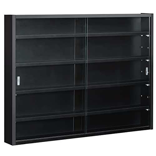 Image of HOMCOM 5-Tier Wall Mounted Display Cabinet, Display Case with 4 Adjustable Shelves, Glass Doors for Home Office Ornaments 60x80cm, Black