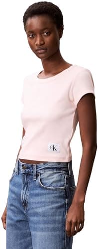 Image of Calvin Klein Women’s Short Sleeve Round Neck Woven Label Rib Baby Tee, Pink (Cloud Pink), S