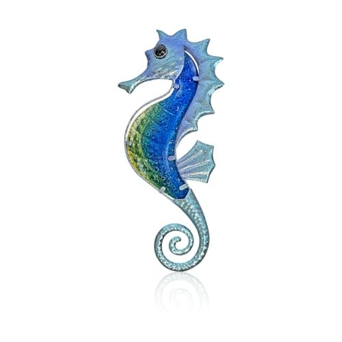 Image of Liffy Metal Seahorse Bathroom Wall Decor, Ocean Glass Art Outdoor Hanging Beach Theme Decorations Blue Sea Life Sculpture for Patio, Porch or Fence