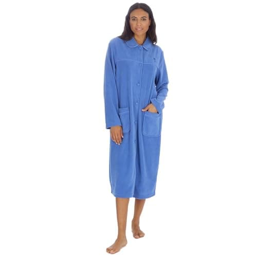 Image of Ladies Fleece Button Up Dressing Gown Housecoat Collared Soft Calf Length Robe (BLUE, 26-28)