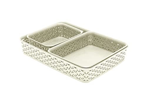 Image of Curver My Style Rattan Effect Set of 3 Office Rectangular A4 A5 A6 Desk Storage Basket Tray Set - Off White