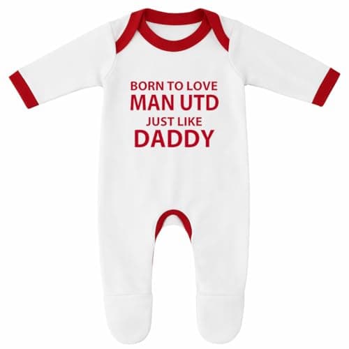 Image of Cheekytots Baby Football Sleepsuit ‘Born to Love Man Utd Just Like Daddy’ Soft 100% Cotton Baby Grow Match Day Outfit for Football Fan Dads & Babies (UK, Age, 3 Months, 6 Months, White/Red Trim)