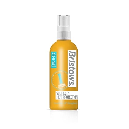 Image of Bristows Heat Protection Sol Fiesta Spray, sweet notes of salted caramel and pistachio. Protects up to 200 degrees, infused with Pro Vitamin B5, heals & protects hair. 200ml