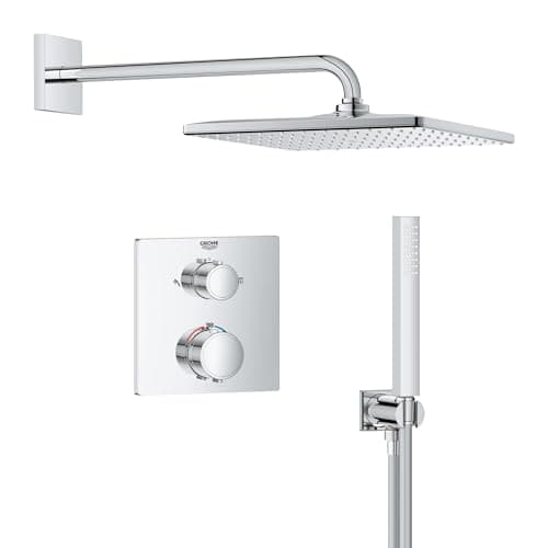 Image of GROHE Precision Cube - Concealed Shower System with 2 Outlets Thermostat (Cube 31 cm Head Shower Mono Rain Spray and Stick Hand Shower 1 Spray, Hose 1.5 m, Square Trim, Chrome, 34881000