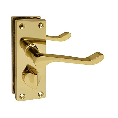 Image of HANDLESTORE Victorian Scroll Bathroom Door Handles – Polished Brass Lever Handle with Thumbturn Lock & Backplate – Privacy Internal Door Handles with Screws